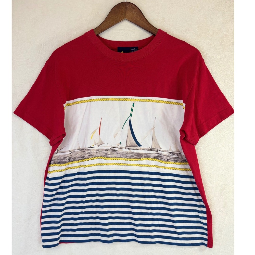 VINTAGE 90's Nautical Sailboat Shirt Tee Red White Blue 4th July Preppy Graphic